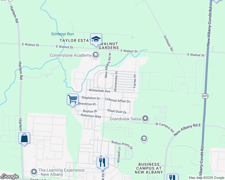 map of restaurants, bars, coffee shops, grocery stores, and more near 7140 Winterbek Avenue in New Albany