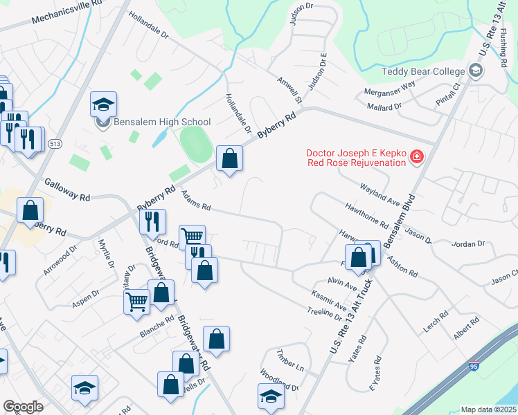 map of restaurants, bars, coffee shops, grocery stores, and more near 1296 Adams Road in Bensalem