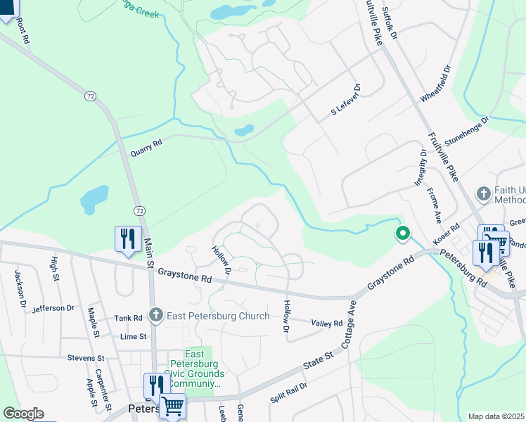 map of restaurants, bars, coffee shops, grocery stores, and more near 2637 Northfield Drive in East Petersburg