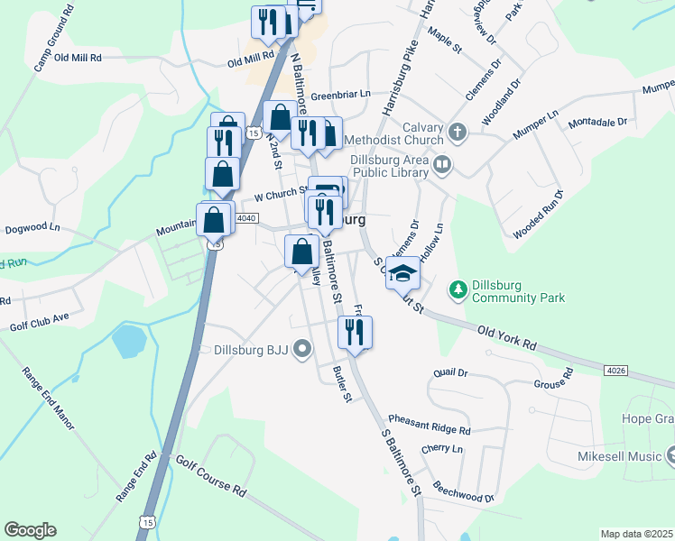map of restaurants, bars, coffee shops, grocery stores, and more near 117 South Baltimore Street in Dillsburg