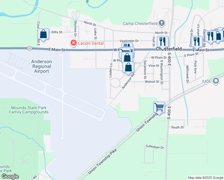 map of restaurants, bars, coffee shops, grocery stores, and more near 440 Linden Lane in Anderson
