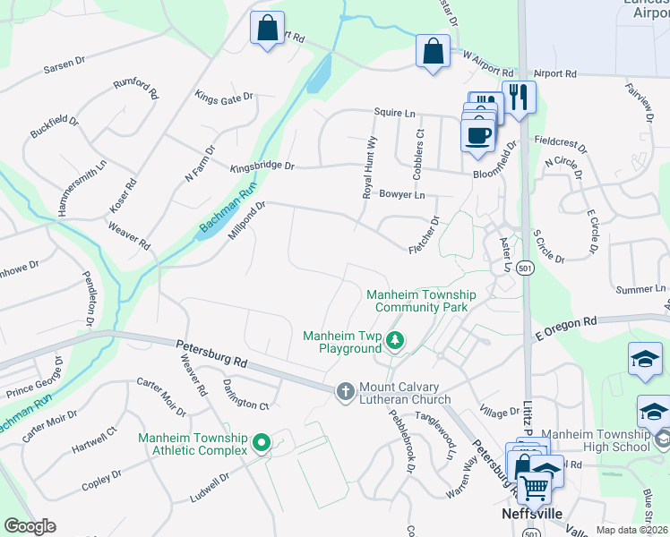 map of restaurants, bars, coffee shops, grocery stores, and more near 321 Petersburg Road in Lititz