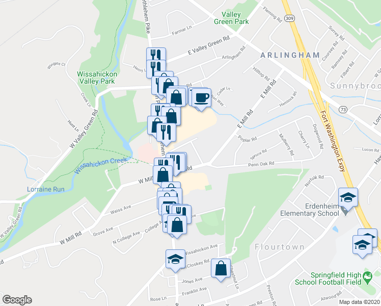 map of restaurants, bars, coffee shops, grocery stores, and more near 9 Highland Avenue in Flourtown