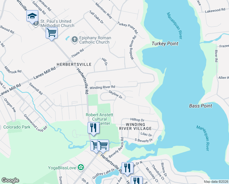 map of restaurants, bars, coffee shops, grocery stores, and more near 64 Skyline Drive in Brick Township