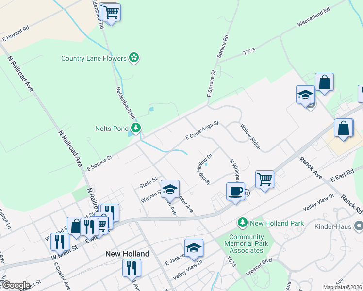 map of restaurants, bars, coffee shops, grocery stores, and more near 420 East Conestoga Street in New Holland