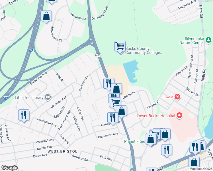 map of restaurants, bars, coffee shops, grocery stores, and more near 1300 Woodbine Avenue in Bristol
