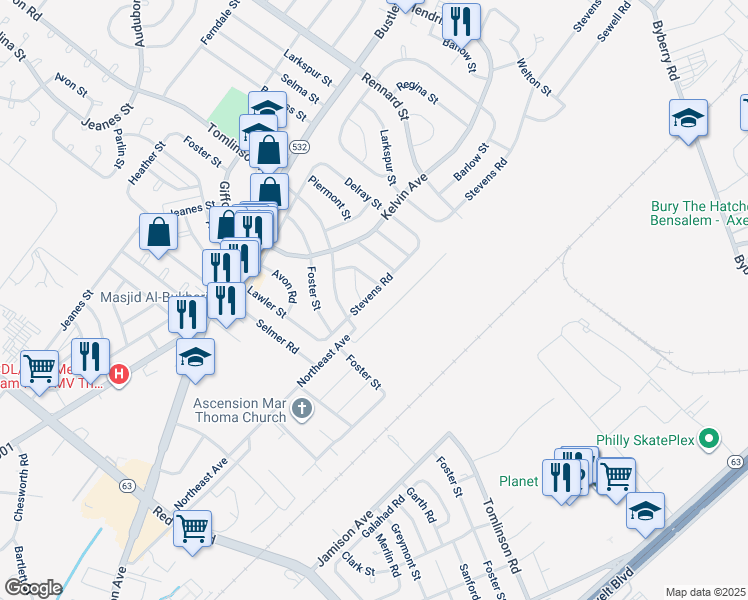map of restaurants, bars, coffee shops, grocery stores, and more near 11011 Stevens Road in Philadelphia