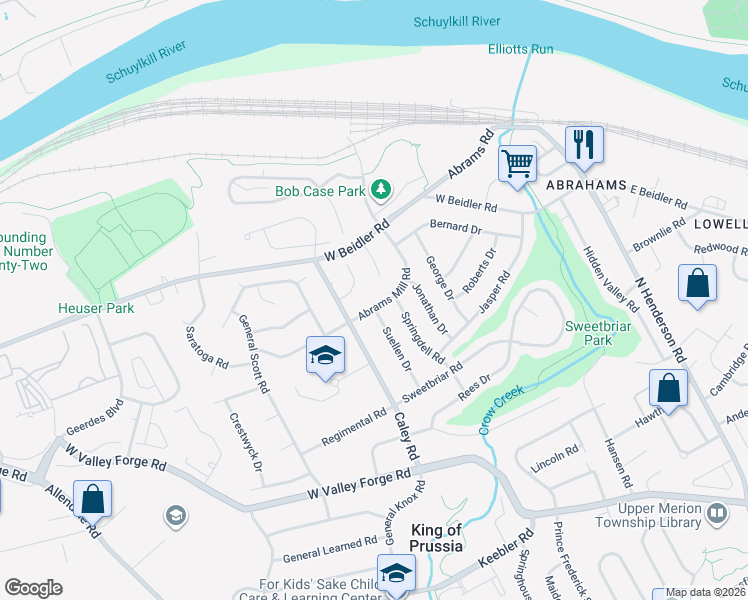 map of restaurants, bars, coffee shops, grocery stores, and more near 724 Suellen Drive in King of Prussia