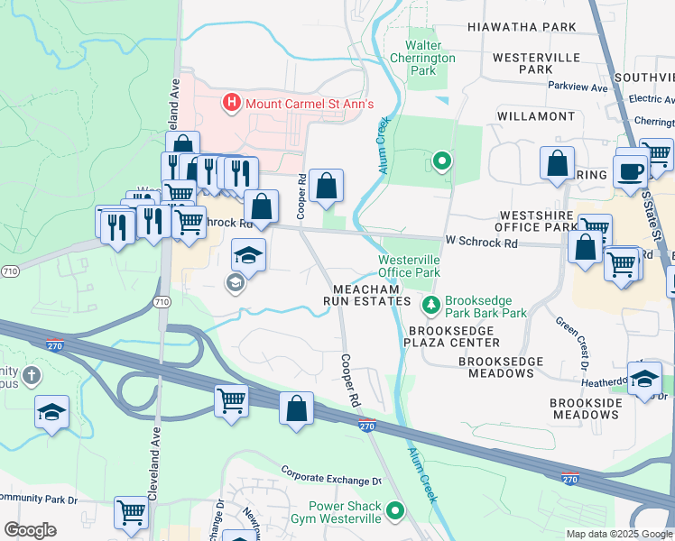 map of restaurants, bars, coffee shops, grocery stores, and more near 456 Meacham Run Court in Westerville