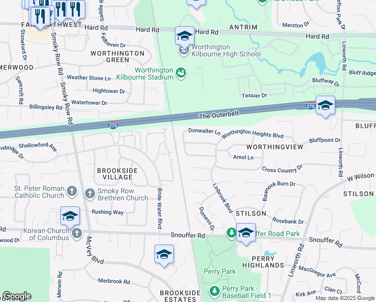map of restaurants, bars, coffee shops, grocery stores, and more near 1393 Snowmass Road in Columbus