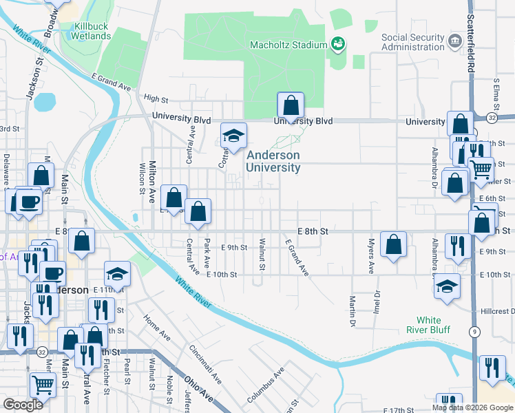 map of restaurants, bars, coffee shops, grocery stores, and more near 700 College Drive in Anderson