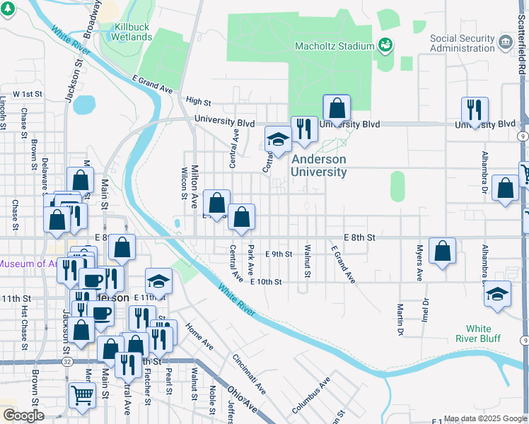map of restaurants, bars, coffee shops, grocery stores, and more near 712 Cottage Avenue in Anderson
