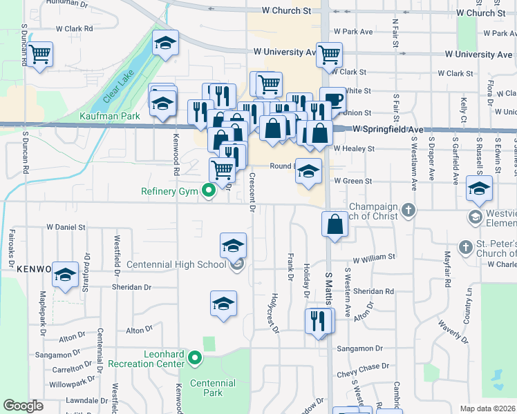 map of restaurants, bars, coffee shops, grocery stores, and more near 802 Crescent Drive in Champaign