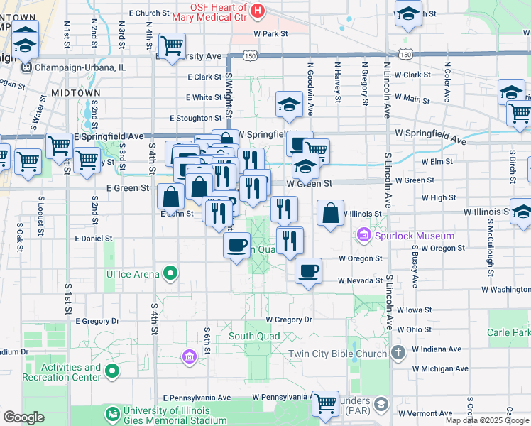 map of restaurants, bars, coffee shops, grocery stores, and more near 1305 West Green Street in Urbana