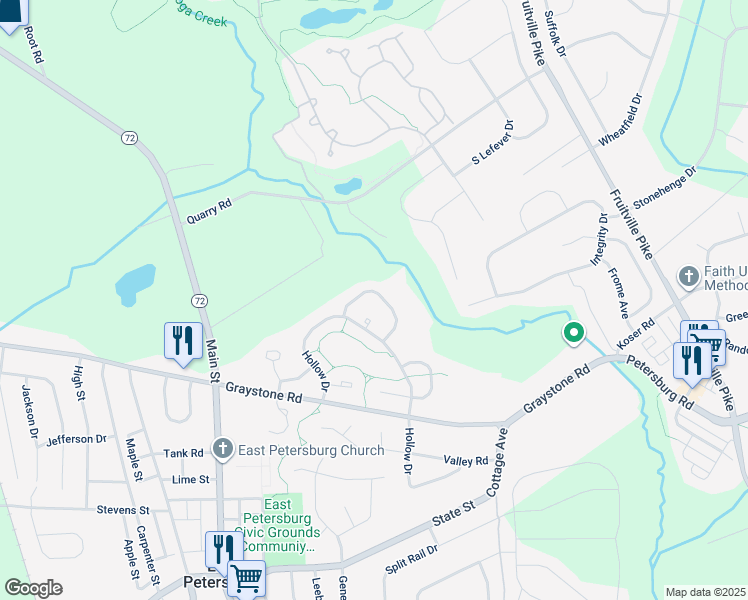 map of restaurants, bars, coffee shops, grocery stores, and more near 2639 Northfield Drive in East Petersburg