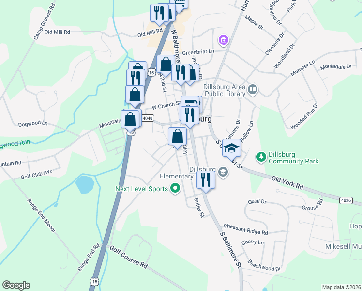 map of restaurants, bars, coffee shops, grocery stores, and more near 75 Gettysburg Street in Dillsburg