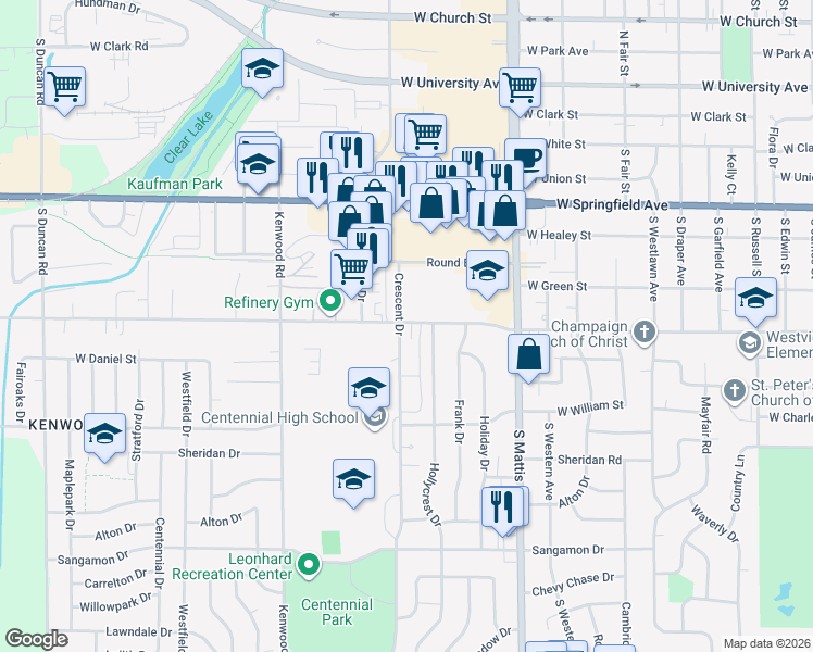 map of restaurants, bars, coffee shops, grocery stores, and more near 802 Crescent Drive in Champaign