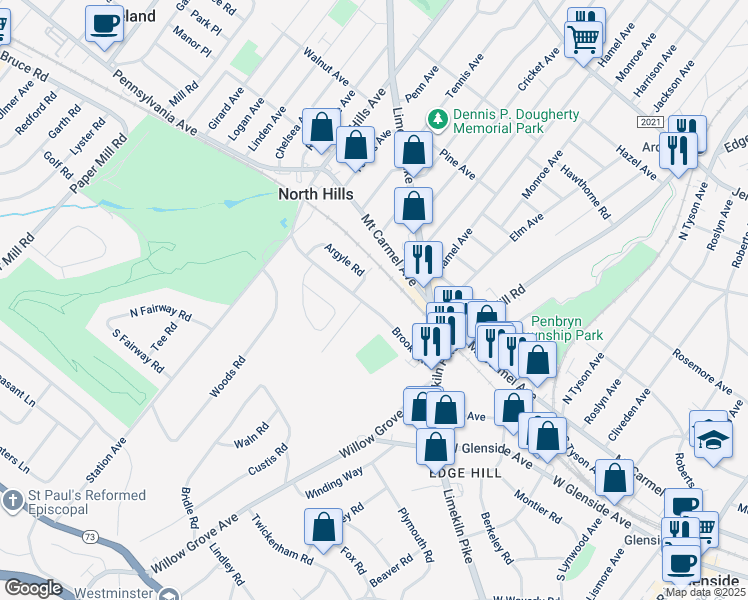 map of restaurants, bars, coffee shops, grocery stores, and more near 673 Brooke Road in Glenside