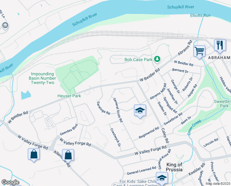 map of restaurants, bars, coffee shops, grocery stores, and more near 712 General Scott Road in King of Prussia