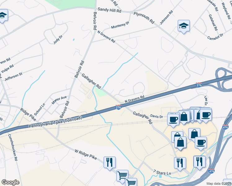 map of restaurants, bars, coffee shops, grocery stores, and more near 108 Donna Drive in Plymouth Meeting