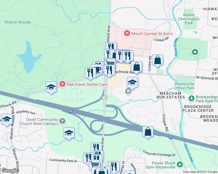 map of restaurants, bars, coffee shops, grocery stores, and more near 6579 Lauffer Road in Columbus