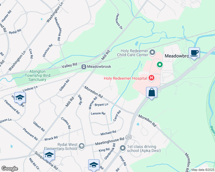 map of restaurants, bars, coffee shops, grocery stores, and more near 1547 Warner Road in Jenkintown