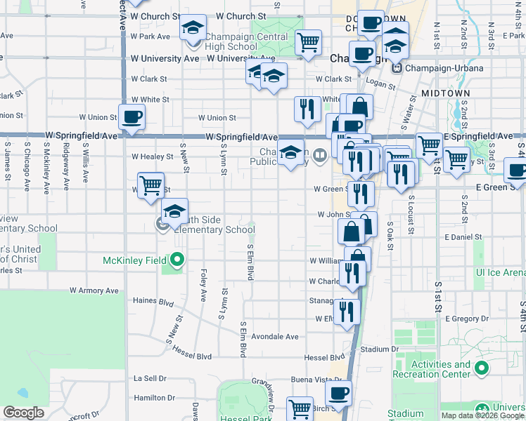 map of restaurants, bars, coffee shops, grocery stores, and more near 706 South Elm Boulevard in Champaign