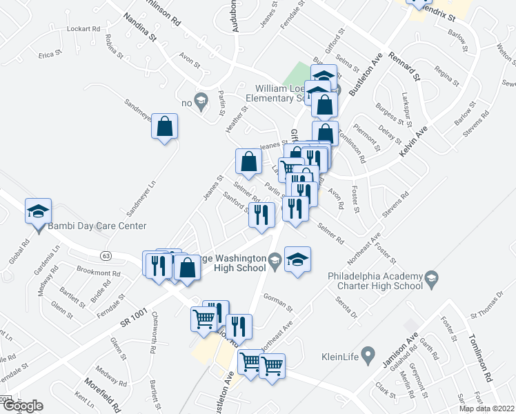 map of restaurants, bars, coffee shops, grocery stores, and more near 764 Selmer Road in Philadelphia
