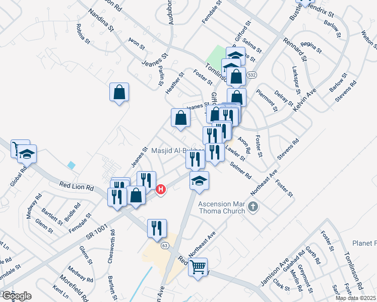 map of restaurants, bars, coffee shops, grocery stores, and more near 764 Selmer Road in Philadelphia