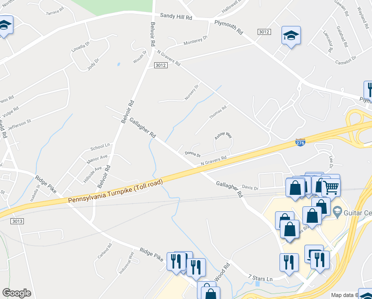map of restaurants, bars, coffee shops, grocery stores, and more near 108 Donna Drive in Plymouth Meeting