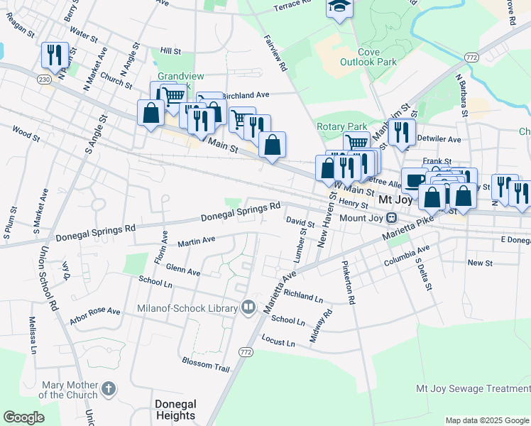map of restaurants, bars, coffee shops, grocery stores, and more near 34 Donegal Springs Road in Mount Joy