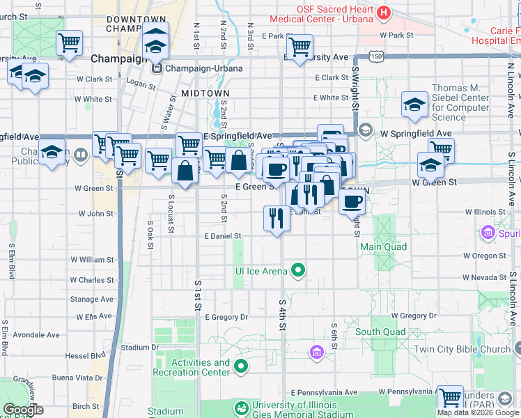 map of restaurants, bars, coffee shops, grocery stores, and more near 302 East John Street in Champaign