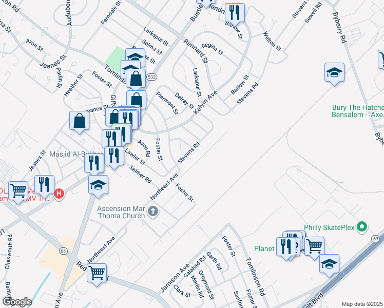 map of restaurants, bars, coffee shops, grocery stores, and more near 11013 Stevens Road in Philadelphia