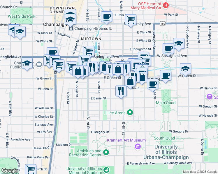 map of restaurants, bars, coffee shops, grocery stores, and more near 212 East John Street in Champaign