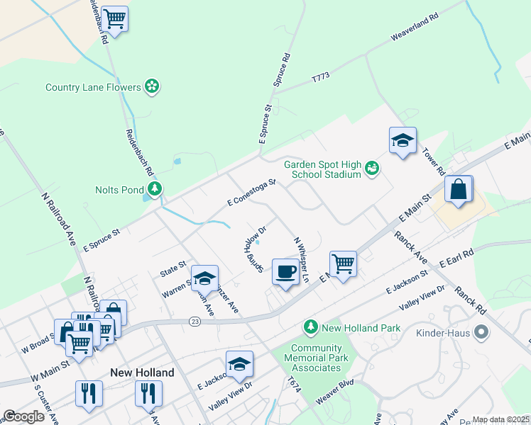 map of restaurants, bars, coffee shops, grocery stores, and more near 56 North Whisper Lane in New Holland