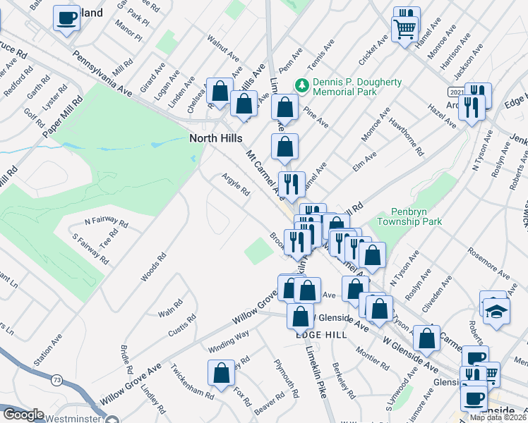 map of restaurants, bars, coffee shops, grocery stores, and more near 651 Brooke Road in Glenside