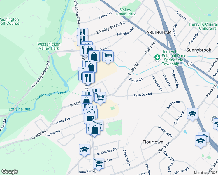 map of restaurants, bars, coffee shops, grocery stores, and more near 103 East Mill Road in Flourtown