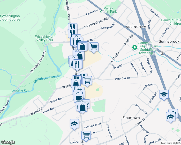 map of restaurants, bars, coffee shops, grocery stores, and more near 9 Highland Avenue in Flourtown