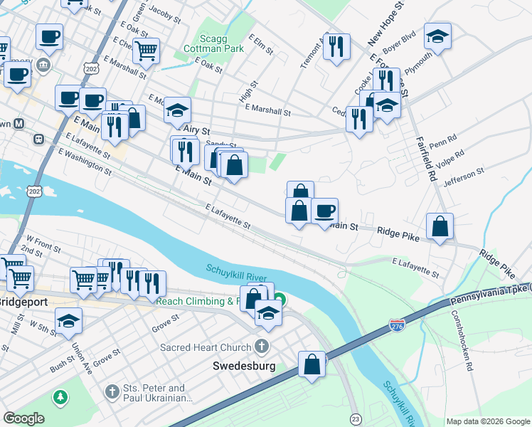 map of restaurants, bars, coffee shops, grocery stores, and more near 800 East Main Street in Norristown