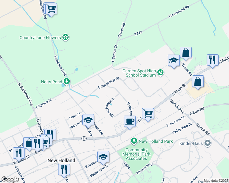 map of restaurants, bars, coffee shops, grocery stores, and more near 56 North Whisper Lane in New Holland