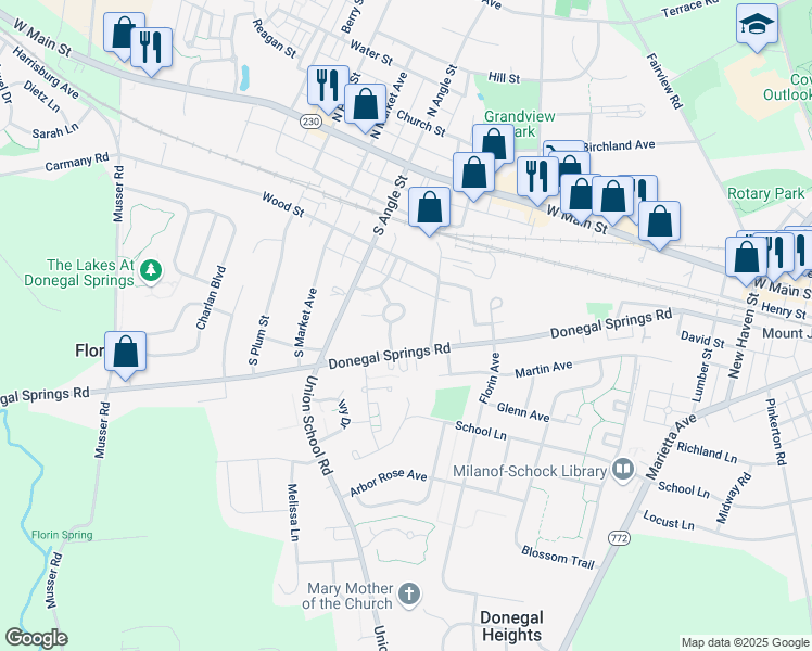map of restaurants, bars, coffee shops, grocery stores, and more near 627 Donegal Springs Road in Mount Joy