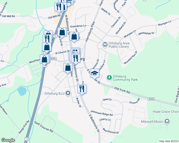 map of restaurants, bars, coffee shops, grocery stores, and more near 141 South Chestnut Street in Dillsburg