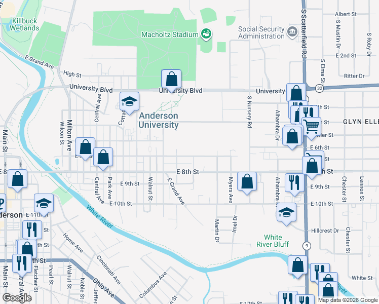 map of restaurants, bars, coffee shops, grocery stores, and more near 1401 East 7th Street in Anderson