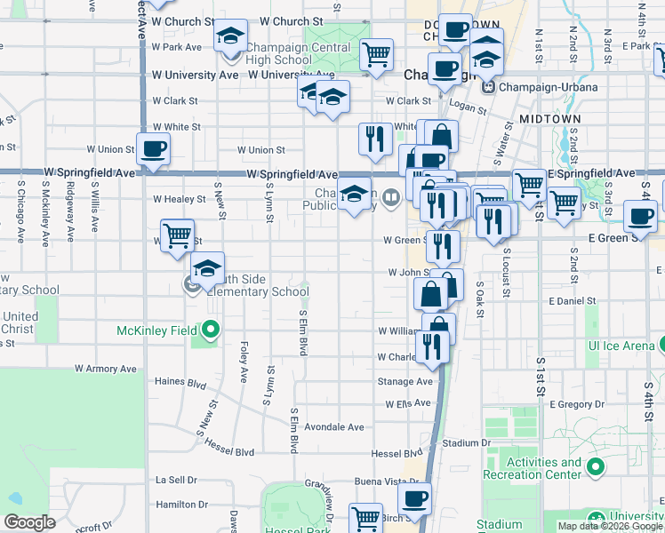 map of restaurants, bars, coffee shops, grocery stores, and more near 708 South Prairie Street in Champaign