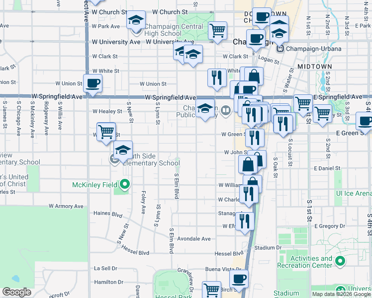 map of restaurants, bars, coffee shops, grocery stores, and more near 706 South Elm Boulevard in Champaign