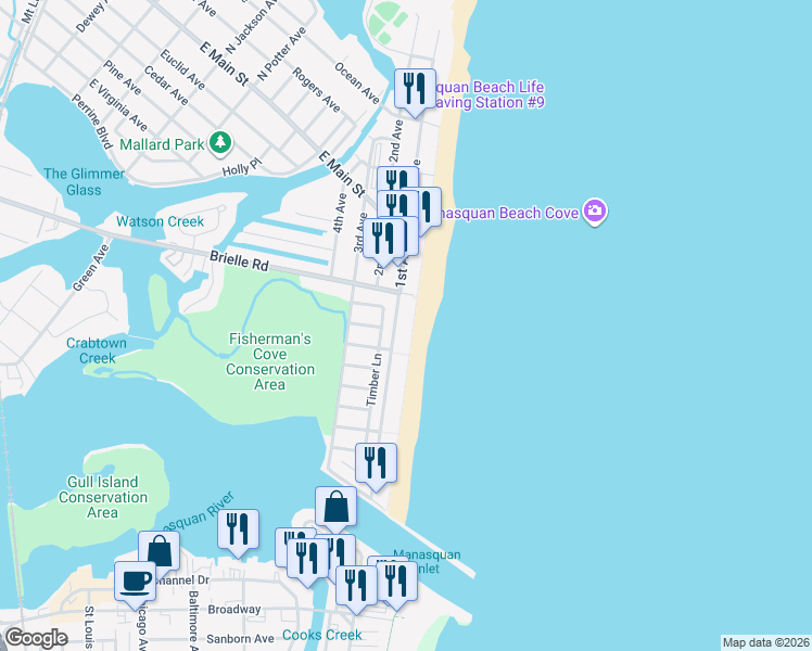 map of restaurants, bars, coffee shops, grocery stores, and more near 297 Beach Front in Manasquan