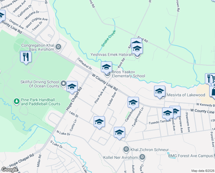map of restaurants, bars, coffee shops, grocery stores, and more near 55 Park Avenue South in Lakewood