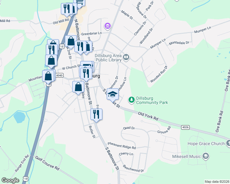 map of restaurants, bars, coffee shops, grocery stores, and more near 101 Hollow Lane in Dillsburg