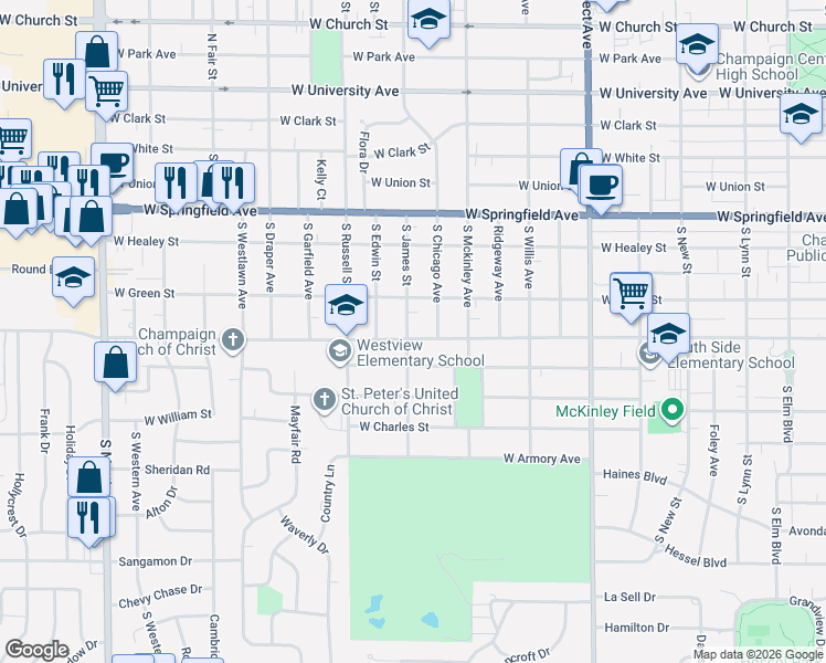 map of restaurants, bars, coffee shops, grocery stores, and more near 1122 West Daniel Street in Champaign