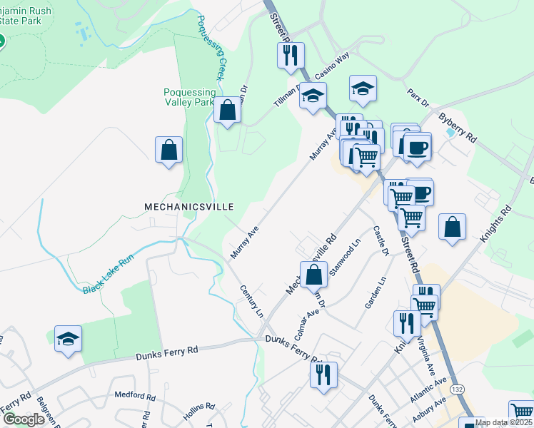 map of restaurants, bars, coffee shops, grocery stores, and more near 2742 Murray Ave in Bensalem